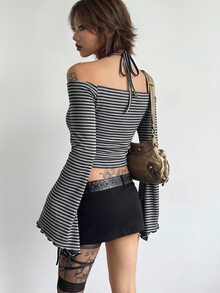 Bloopia Fashion Women's Dark Gray Striped Beaded Halter Neck Casual Top - Dark Grey - View 3