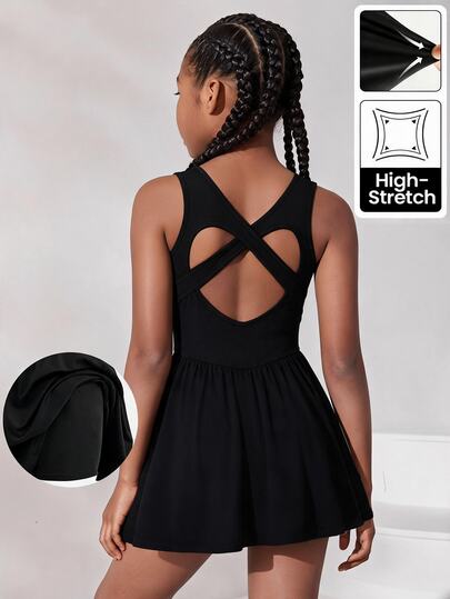 SHEIN Tween Girl Casual Sports Solid Color Crisscross Tank Style Sports Dress With Built-In Shorts