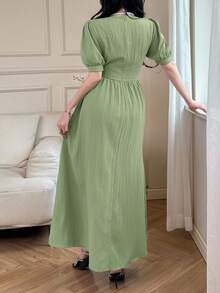 Feyla Women's Elegant Solid Color Puff Sleeve Long Dress - Green - View 8