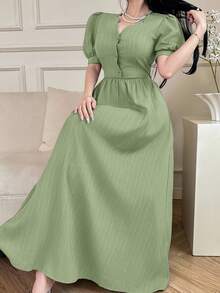 Feyla Women's Elegant Solid Color Puff Sleeve Long Dress - Green - View 3