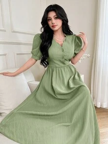 Feyla Women's Elegant Solid Color Puff Sleeve Long Dress - Green - View 2