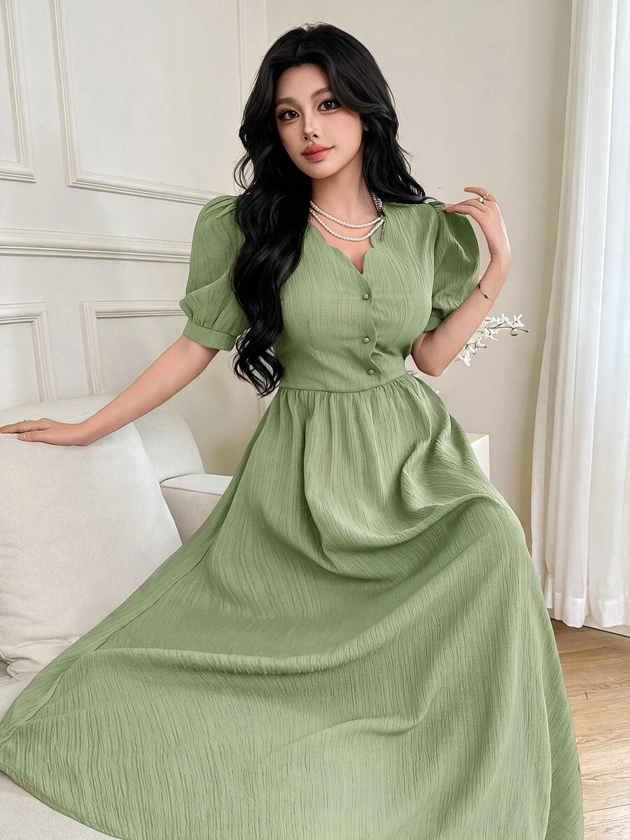 Feyla Women's Elegant Solid Color Puff Sleeve Long Dress