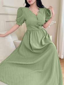 Feyla Women's Elegant Solid Color Puff Sleeve Long Dress - Green - View 4