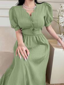 Feyla Women's Elegant Solid Color Puff Sleeve Long Dress - Green - View 7