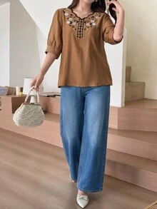 Seusyu Women's Seashell Trim Short Sleeve Vintage Summer Casual Shirt - Brown - View 2