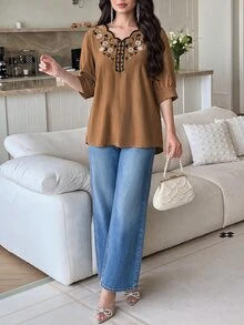 Seusyu Women's Seashell Trim Short Sleeve Vintage Summer Casual Shirt - Brown - View 5