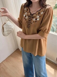 Seusyu Women's Seashell Trim Short Sleeve Vintage Summer Casual Shirt - Brown - View 10