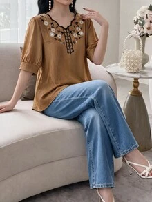 Seusyu Women's Seashell Trim Short Sleeve Vintage Summer Casual Shirt - Brown - View 8
