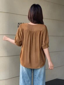 Seusyu Women's Seashell Trim Short Sleeve Vintage Summer Casual Shirt - Brown - View 9