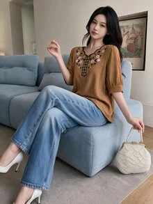 Seusyu Women's Seashell Trim Short Sleeve Vintage Summer Casual Shirt - Brown - View 1