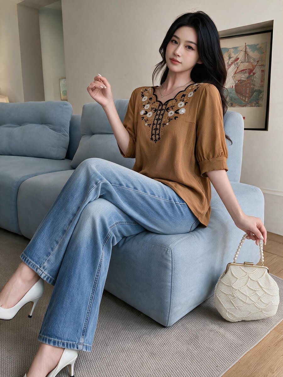 Seusyu Women's Seashell Trim Short Sleeve Vintage Summer Casual Shirt - Brown - View 1