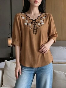 Seusyu Women's Seashell Trim Short Sleeve Vintage Summer Casual Shirt - Brown - View 12