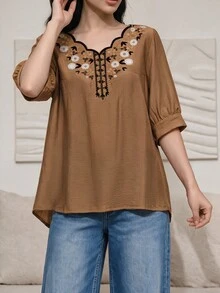 Seusyu Women's Seashell Trim Short Sleeve Vintage Summer Casual Shirt - Brown - View 11