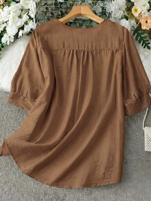Seusyu Women's Seashell Trim Short Sleeve Vintage Summer Casual Shirt - Brown - View 14