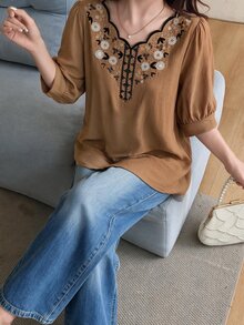 Seusyu Women's Seashell Trim Short Sleeve Vintage Summer Casual Shirt - Brown - View 3
