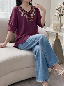 Modelyn Women's Floral Embroidered Pattern Casual Boho Versatile Daily Wear Brunch Tea Party Blouse Garden Party Holiday Dark Purple Floral - Purple - View 5