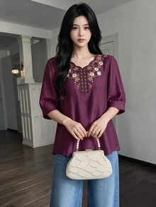 Modelyn Women's Floral Embroidered Pattern Casual Boho Versatile Daily Wear Brunch Tea Party Blouse Garden Party Holiday Dark Purple Floral - Purple - View 6