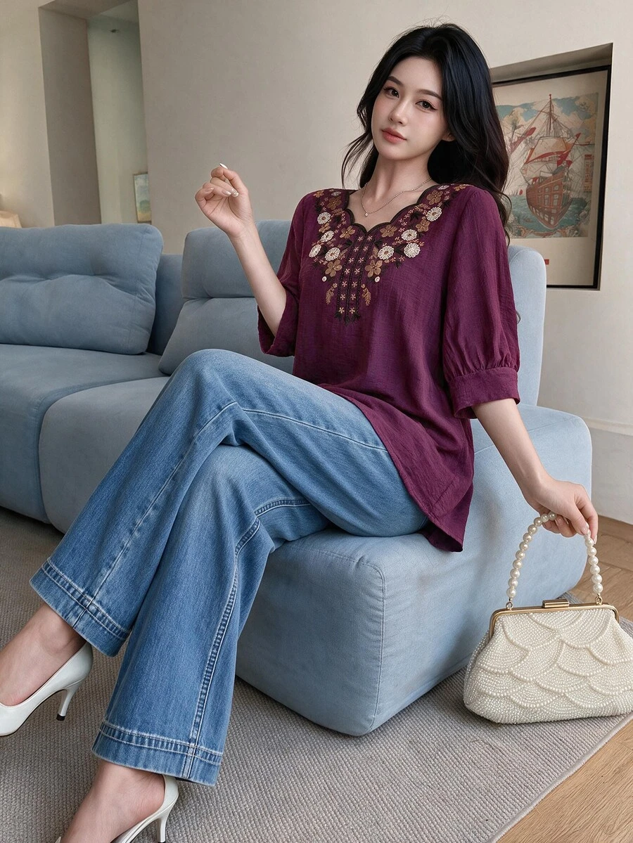 Modelyn Women's Floral Embroidered Pattern Casual Boho Versatile Daily Wear Brunch Tea Party Blouse Garden Party Holiday Dark Purple Floral - Purple - View 1