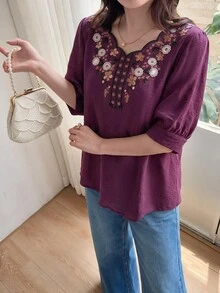 Modelyn Women's Floral Embroidered Pattern Casual Boho Versatile Daily Wear Brunch Tea Party Blouse Garden Party Holiday Dark Purple Floral - Purple - View 4