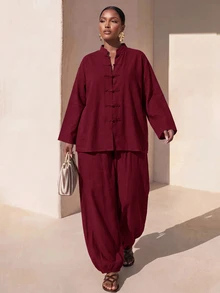 Zivah 新款秋冬大尺碼女款棕色中式上衣＋燈籠褲 2件組／度假／優雅／假日／派對／節慶／波希米亞風／演唱會／辦公室／通勤 - 酒紅色 - 查看 7