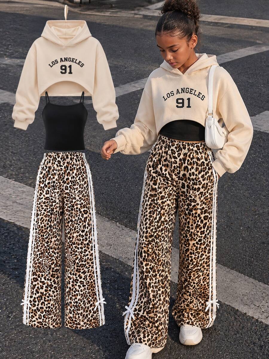 SHEIN 青少年女孩 3 件套休閒 80 年代風格套裝（短版連帽衫、秋季穿搭、細肩帶背心、寬腿褲），Los Angeles 91 圖案校園風 米色/黑色/棕色