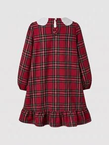SHEIN 少女秋冬刺繡蕾絲領梭織格紋拼接娃娃洋裝 寬鬆長袖復古學院休閒風 棕色 - 彩色 - 查看 6