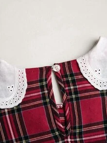 SHEIN 少女秋冬刺繡蕾絲領梭織格紋拼接娃娃洋裝 寬鬆長袖復古學院休閒風 棕色 - 彩色 - 查看 5