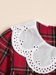 SHEIN 少女秋冬刺繡蕾絲領梭織格紋拼接娃娃洋裝 寬鬆長袖復古學院休閒風 棕色 - 彩色 - 查看 7