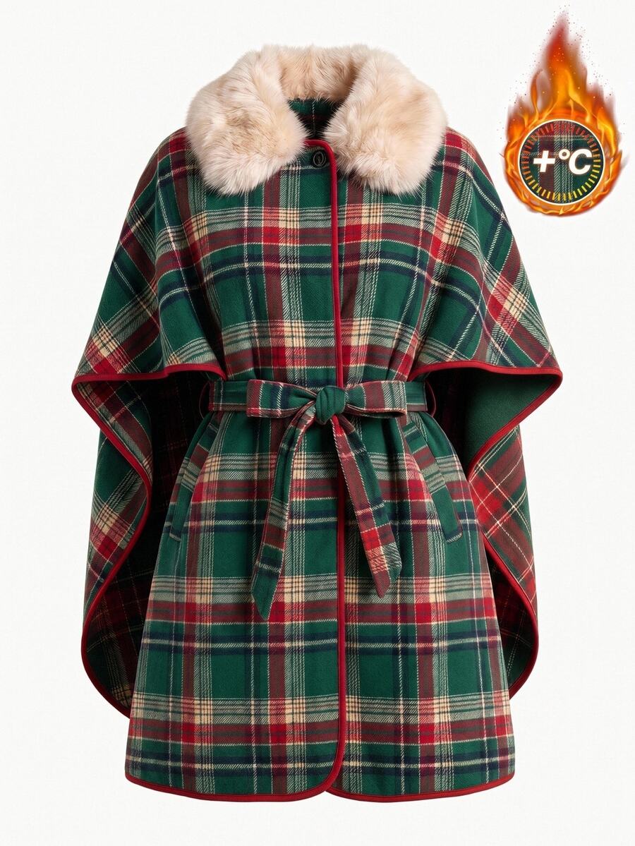 SHEIN Clasi Plus Size Women's Plush Patchwork Plaid Casual Daily Overcoat - Green - View 1