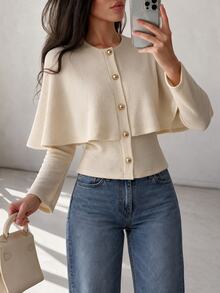 NOVVYNE Women's Knit Top, Elegant Modelyn Round Neck Gold Button Cape Overlay Long Sleeve Fitted Waist Textured Knit For Office Brunch Holiday Fall - Apricot - View 1