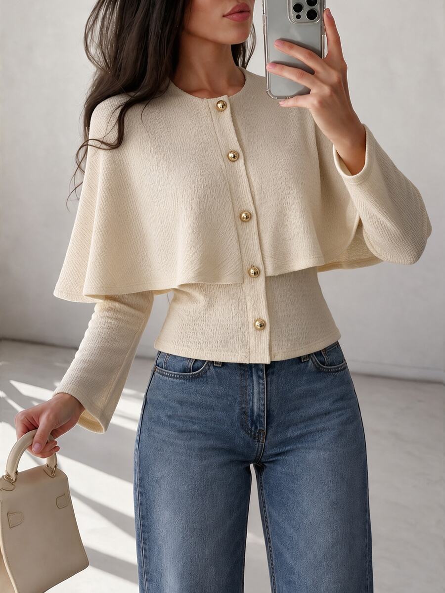 NOVVYNE Women's Knit Top, Elegant Modelyn Round Neck Gold Button Cape Overlay Long Sleeve Fitted Waist Textured Knit For Office Brunch Holiday Fall - Apricot - View 1