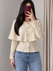 NOVVYNE Women's Knit Top, Elegant Modelyn Round Neck Gold Button Cape Overlay Long Sleeve Fitted Waist Textured Knit For Office Brunch Holiday Fall - Apricot - View 5