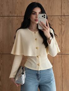 NOVVYNE Women's Knit Top, Elegant Modelyn Round Neck Gold Button Cape Overlay Long Sleeve Fitted Waist Textured Knit For Office Brunch Holiday Fall - Apricot - View 3