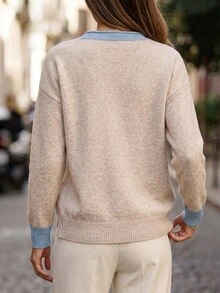 Wandoria Women's Autumn New Arrival V-Neck Metal Button Fashion Personalized Elegant Loose Regular Fit Versatile Daily Knit Pullover Long Sleeve Sweater - Apricot - View 2