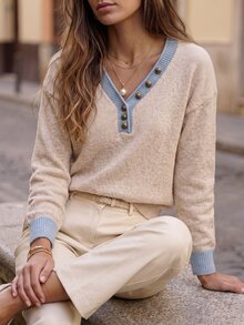 Wandoria Women's Autumn New Arrival V-Neck Metal Button Fashion Personalized Elegant Loose Regular Fit Versatile Daily Knit Pullover Long Sleeve Sweater - Apricot - View 6