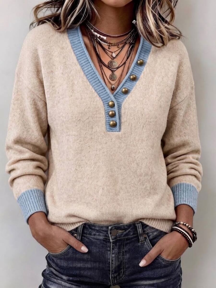 Wandoria Women's Autumn New Arrival V-Neck Metal Button Fashion Personalized Elegant Loose Regular Fit Versatile Daily Knit Pullover Long Sleeve Sweater - Apricot - View 1