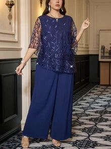 Reflora Plus Size Women's Elegant 2 Pieces Set Floral Sequin Embroidered Mesh Top Wide Leg Pants New Year Christmas Formal Party Navy Blue Summer - Navy Blue - View 7