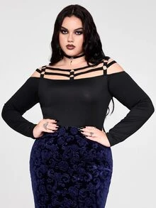 ROMWE Plus Size Women's Minimalist Gothic Style Off-Shoulder Strap Design Long Sleeve T-Shirt - Black - View 4