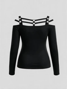 ROMWE Plus Size Women's Minimalist Gothic Style Off-Shoulder Strap Design Long Sleeve T-Shirt - Black - View 3