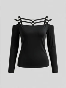 ROMWE Plus Size Women's Minimalist Gothic Style Off-Shoulder Strap Design Long Sleeve T-Shirt - Black - View 2