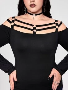 ROMWE Plus Size Women's Minimalist Gothic Style Off-Shoulder Strap Design Long Sleeve T-Shirt - Black - View 8