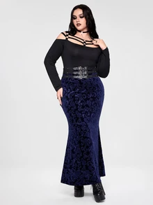 ROMWE Plus Size Women's Minimalist Gothic Style Off-Shoulder Strap Design Long Sleeve T-Shirt - Black - View 6