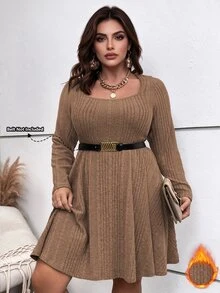 Flirla Plus Ribbed Knit Scoop Neck Dress Without Belt Fall Cloth For Women Office Brunch Brown Casual Elegant Thanksgiving - Coffee Brown - View 1
