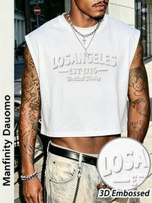 Rovax LA 3D Embossed Letter Print White Cropped Tank Top - Unisex Summer Casual Street Style Solid Color Top (Los Angeles City Style) - White - View 2