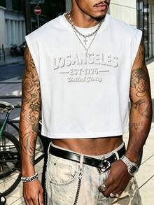 Rovax LA 3D Embossed Letter Print White Cropped Tank Top - Unisex Summer Casual Street Style Solid Color Top (Los Angeles City Style) - White - View 4