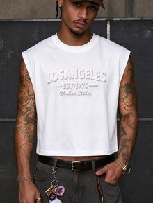 Rovax LA 3D Embossed Letter Print White Cropped Tank Top - Unisex Summer Casual Street Style Solid Color Top (Los Angeles City Style) - White - View 1