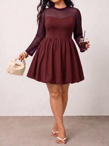 Enliva Plus Size Women's Solid Color Round Neck Long Sleeve Mesh Fashion Dress/Autumn /Winter Fall Cocktail Party Night Elegant Sexy - Red Violet - View 3