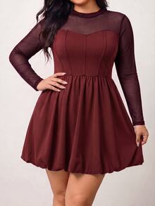 Enliva Plus Size Women's Solid Color Round Neck Long Sleeve Mesh Fashion Dress/Autumn /Winter Fall Cocktail Party Night Elegant Sexy - Red Violet - View 5