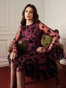 BELROSIE Fall Mesh Jacquard Special Fabric Romantic Sexy Multi-Panel Patchwork Hem Women's Mini Dress Halloween Dinner Night Out Dark Purple - Burgundy - View 7