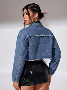 Firerie 大尺碼女款 Y2K 復古字母拼接水洗牛仔夾克，休閒拉鍊開襟牛仔外套，藍色，秋冬款 - 藍色 - 查看 2